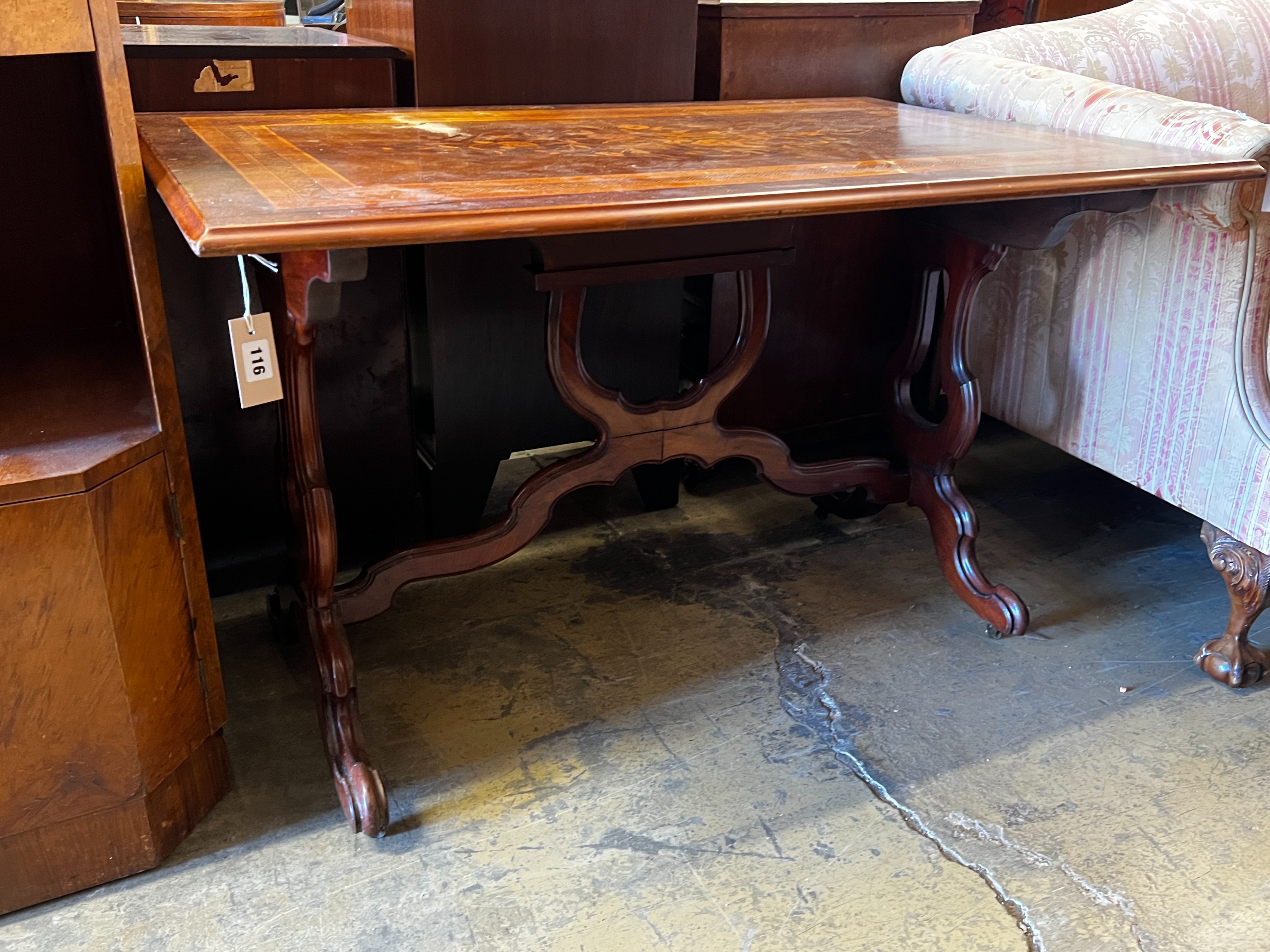 A 19th century French rectangular marquetry inlaid walnut centre table, width 120cm, depth 77cm, height 74cm